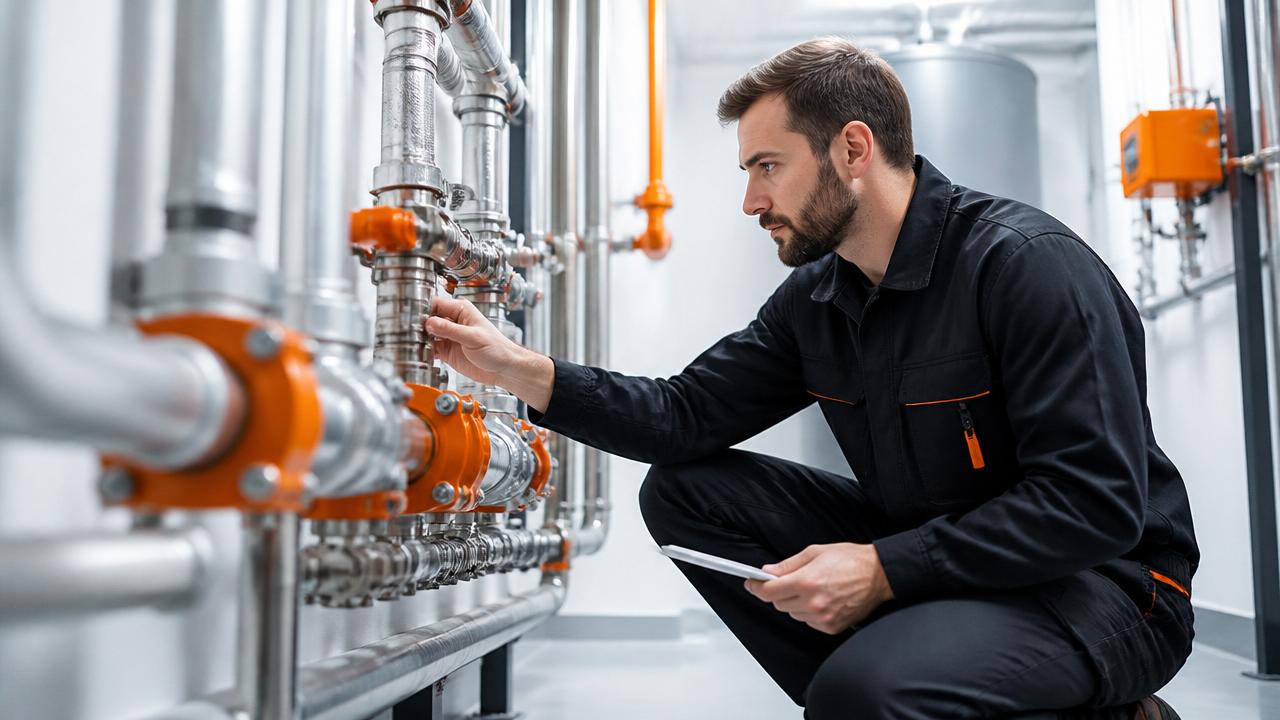 Professional plumber inspecting industrial pipe system